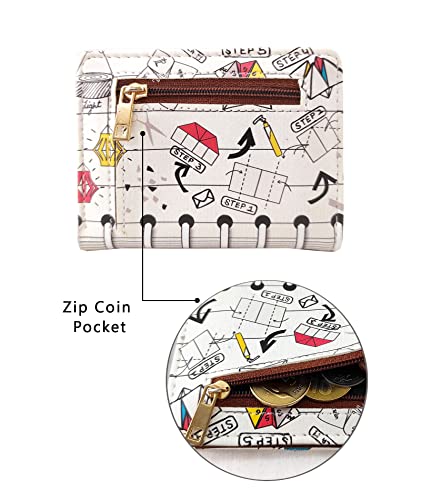 Image of Funk For Hire Unisex Vegan Leather Small Card Wallet White Mini Bifold Slim Wallet with 6 Card Slots, Coin Zipper Pouch and Cash Compartment Lightweight Compact Wallet