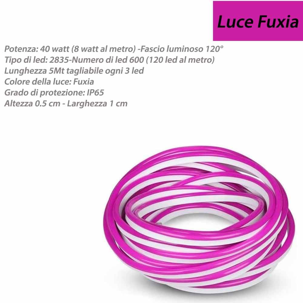 Vetrineinrete® Strip led neon flex striscia curvabile modellabile 600 led decorativa 5 metri luce rossa celeste blu gialla verde fucsia ip65 waterproof (Luce Fucsia) G74