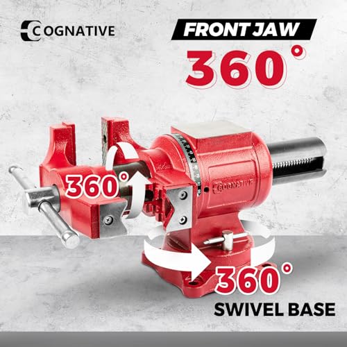 Image of Upgraded UPG 5-Inch Terminal Location Bench Vise with Ductile Iron Bench Vise 360 Multi-Purpose Bench Vice with Anvil and Positioning Pins, Clamp force 8800lbs, Red Swivel Vise