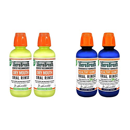 TheraBreath Dry Mouth Oral Rinse, 16 Oz Bottle (Pack of 2) and TheraBreath 24 Hour Healthy Gums Periodontist Formulated Oral Rinse, 16 Ounce (Pack of 2)