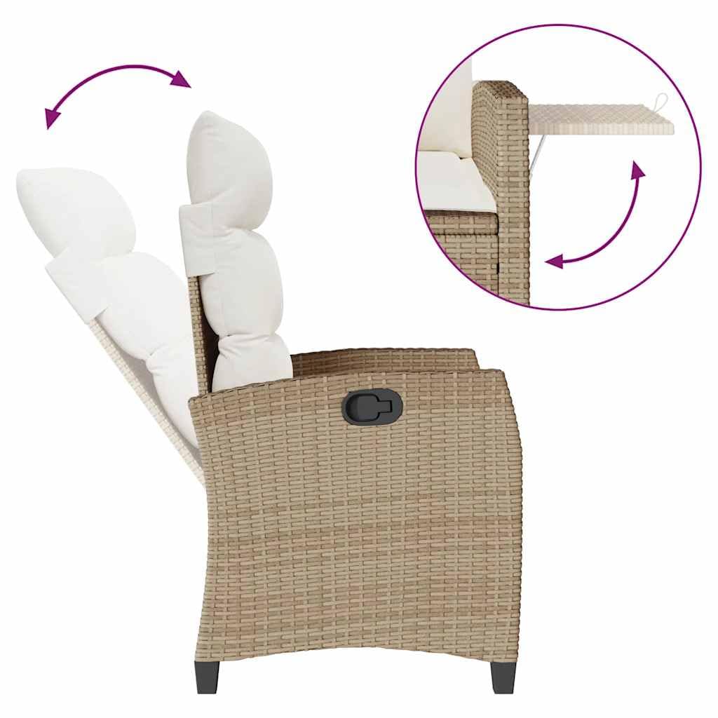 vidaXL Silla de jardín reclinable con Mesa Auxiliar ratán Beige, Silla reclinable para Patio, sillón reclinable para Muebles de Patio, sillón reclinable para jardín