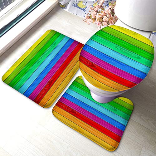 Badezimmerteppich-Set, 3-teilig, Regenbogenfarbener Holzstreifendruck, waschbare Badteppiche, rutschfest, mit Rückenpolster, Konturteppich und Toilettendeckelbezug
