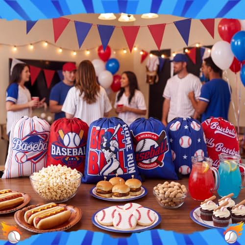Image of Honoson 16 Pcs Baseball Drawstring Backpack Baseball Goodie Bags Softball Gift Bags Drawstring Backpack Softball Party Favors Snack for Sports Team Birthday Party Supplies