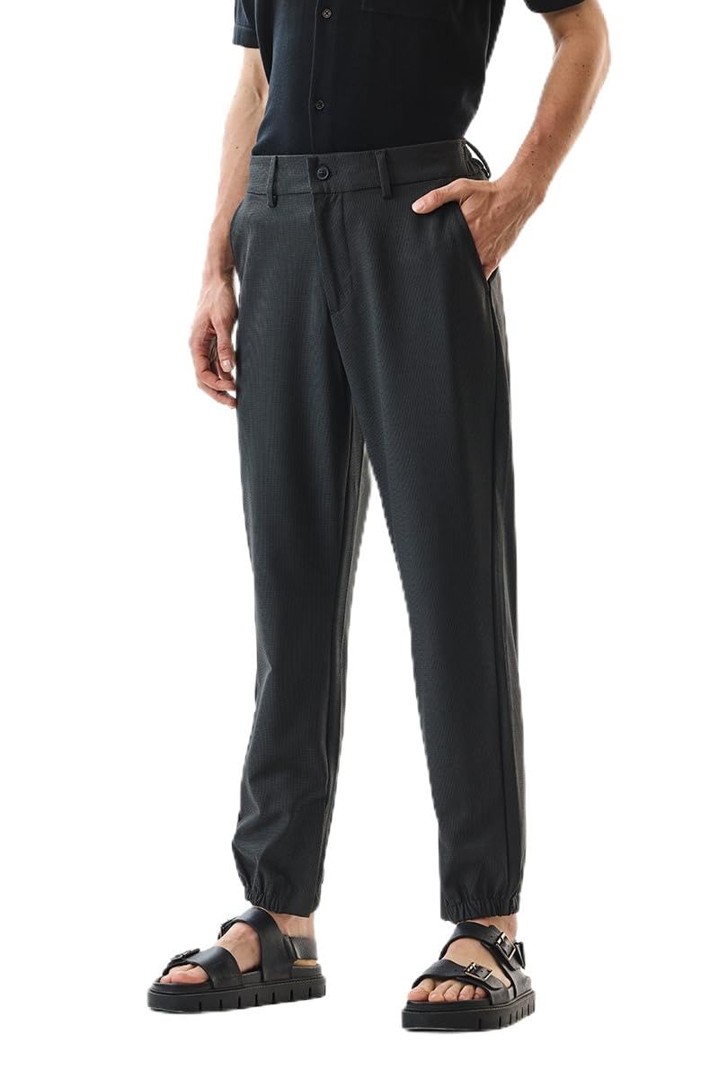 SNITCH Men Casual Trousers | Relaxed Fit Jogger Style with Elastic Hem & Textured Woven Design | Premium Polyester Blend for Everyday Comfort & Street Wear in neutral