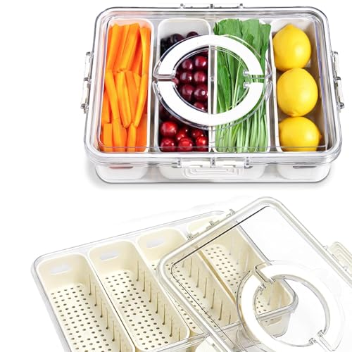 [Dishwasher Safe] Snackle Box Container, Salad Bar Drawer, Fridge/Refrigerator Storage & Organizer for Vegetable, Fruit, Berry, Veggie Prep Tray with Lid & Strainer, Fresh Produce Keeper (4 Colander)