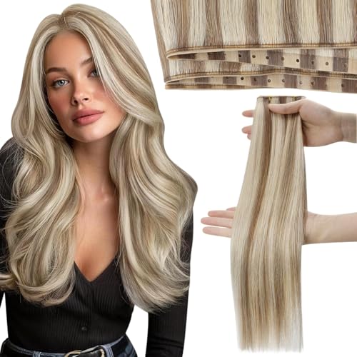 Moresoo Extensiones de Cabello Butterfly Weft Cabello Humano Mechas Rubias Cabello Remy Extensiones para Coser Trama Invisible con Agujero PU Castaño Claro con Mechas Rubias 24 Pulgadas 100g