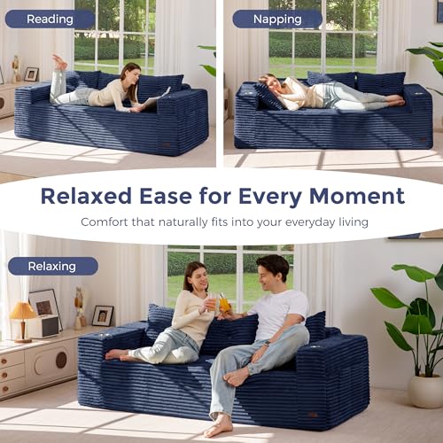 Image of MAXYOYO 79 inch Oversized Boneless Loveseat Sofa Couch for Small Spaces, Mini Love Seat Floor Couch with Cup Holders and Pillows, 3-Seater Upholstered Cloud Couch for Bedroom, No Assembly Required