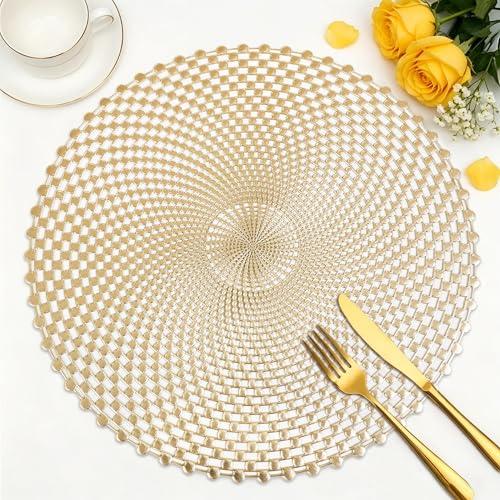 FAVE 6er Set Runde Platzsets Abwaschbar Gold Spiral Lochdesign Tischsets Abwaschbar für Veranstaltungen Home Decor & Täglichen Gebrauch (38 cm)