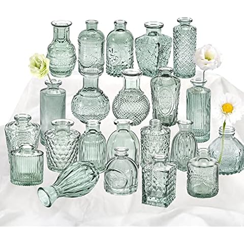 Green Glass Bud Vase Set of 22, Small Vases for Flowers, Clear Glass Vases for Centerpieces, Mini Bud Vases in Bulk Rustic Wedding Decorations, Centerpieces, Vintage Look Home Table Flower Decor Cover
