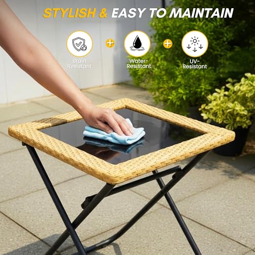 Image of DEVOKO Foldable 3-Piece Outdoor Patio Wicker Furniture Set with Glass Top Table, All-Weather HDPE Rattan, Rustproof Metal Frame for Garden, Balcony & Lawn (Beige)