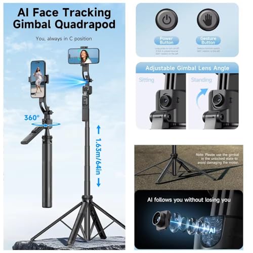 Image of FKU C17 Auto Face Tracking AI Gimbal Selfie Stick Tripod Stand 3 in 1 Multifunctional Design, Detachable Bluetooth Remote Compatible for iPhone /Android, Best for Vlogging /Photo Shoot