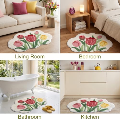 Image of Tulip Cloud Shaped Bath Mat, Soft Non-Slip Fluffy Fresh Flowers Bathroom Rug, Super Absorbent Microfiber Shaggy Door Mat,Machine Washable Bath Rug Carpet for Bathtub Bedroom 31.5 inch x 20 inch (Pink-Tulip)