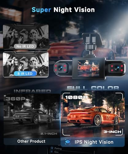Image of 4 Channel 360 Dash Cam Front and Rear Inside Left Right, 2 Inch Dash Camera for Cars, Built-in Night Vision, Sensitive Motion Detection 24 /7 Recording Parking Mode Monitor Reversing Help