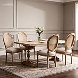GDFStudio French Dining Chairs Set of 2, Beige Linen Upholstered Oval Rattan Back Seating with Fluted Legs, Wood Frame, Antique Painted Finish, Modern Farmhouse Accent for Kitchen or Dining Room