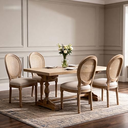 GDFStudio French Dining Chairs Set of 2 Beige Linen Upholstered Oval Rattan Back Seating with Fluted Legs Wood Frame Antique Painted Finish Modern Farmhouse Accent for Kitchen or Dining Room