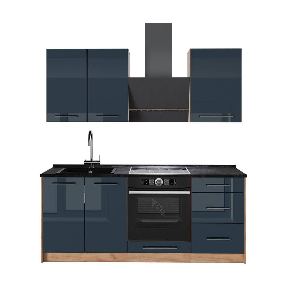 Vicco Singleküche Fame-Line, Dunkelblau Hochglanz/Goldkraft Eiche, 190 cm | AP Anthrazit, zur individuellen Erweiterung mit kompatiblen Modulen