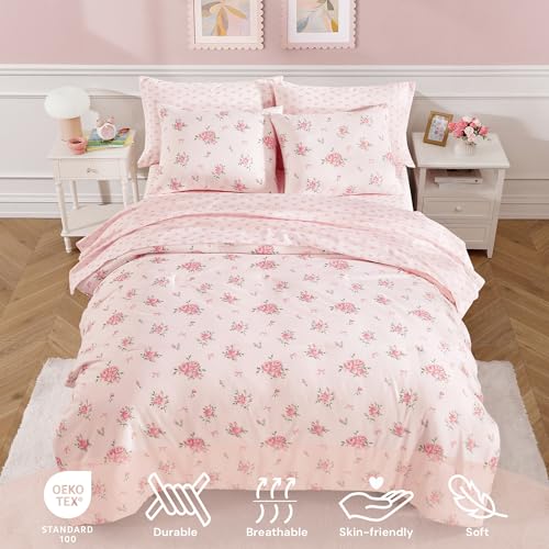 Image of BLOOMHAVEN Full Size Comforter Set for Girls, 7 Pieces Rose Flower Bedding Set with Pink Bow, All Seasons Kids Bed in a Bag with Sheets, Pillowcases & Shams