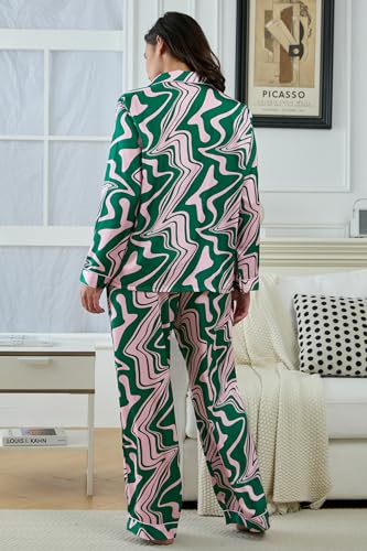 Image of YiNi LuLu Womens Silk Satin Pajamas Set Button Down 2 Piece Pjs Long Sleeve Oversized Sleepwear with Pockets