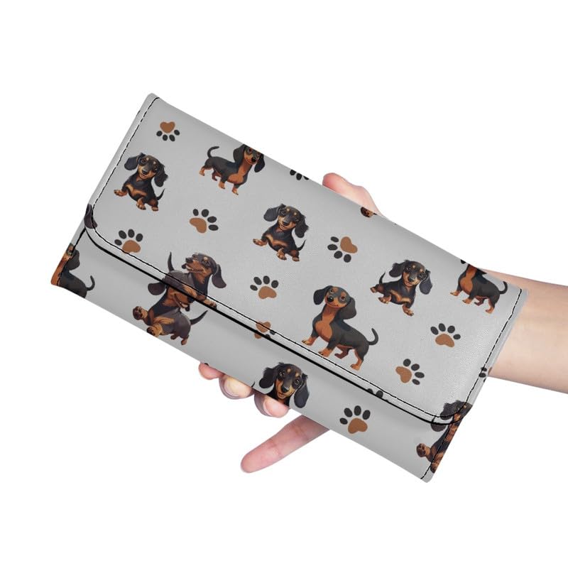 Hawaii Dachshund Dogs Womens Leather Wallets with Coin Pocket, Fun Puppy Paws Tri-fold Clutch with ID Card Transparent Slot, Grey Large Capacity Money Manager3