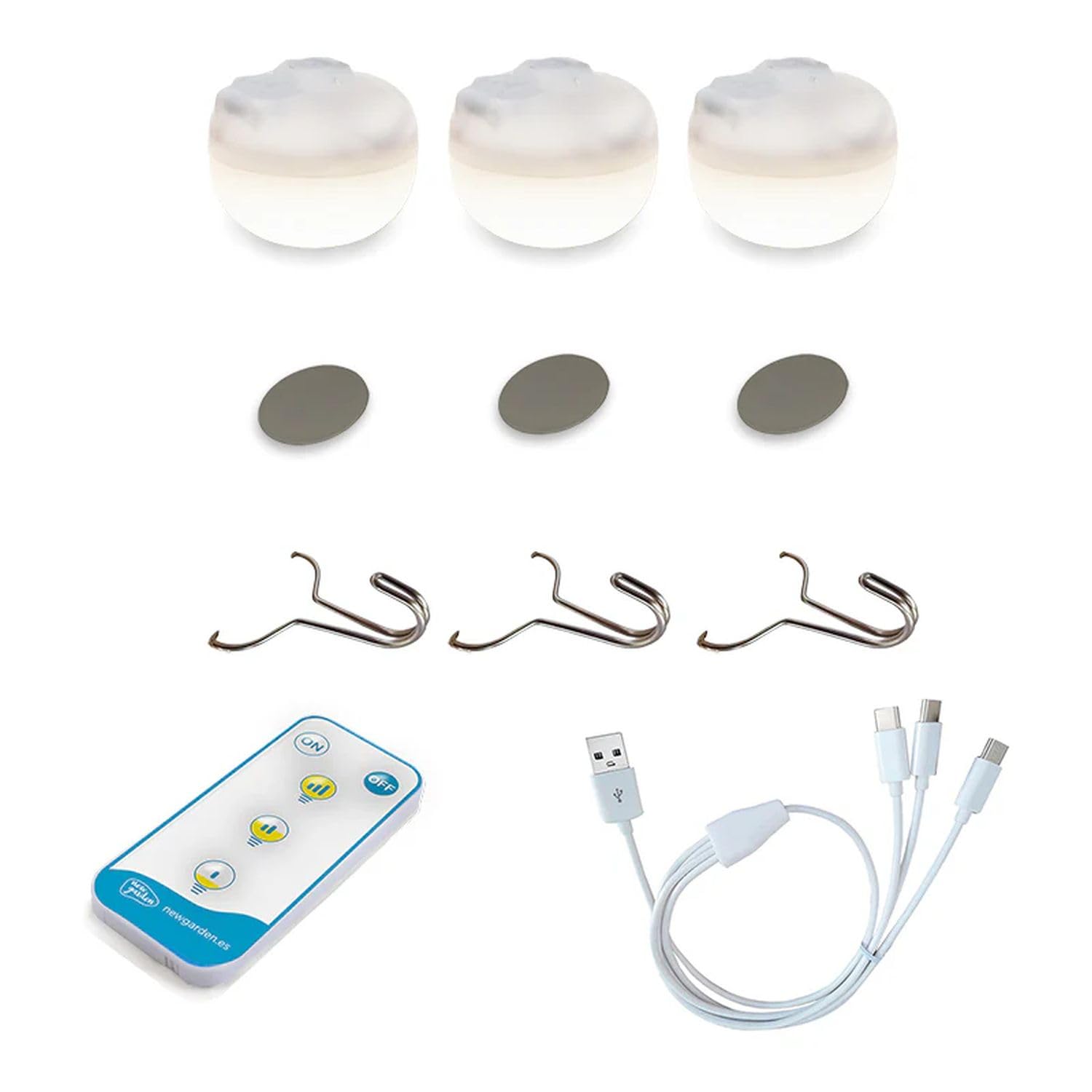 Akku Leuchtmittel LED 3er Set tragbar mit Haken Magnet Ø 6,5 cm 2700 K dimmbar Fernbedienung USB IP54 Campingleuchte Licht Lampe außen innen