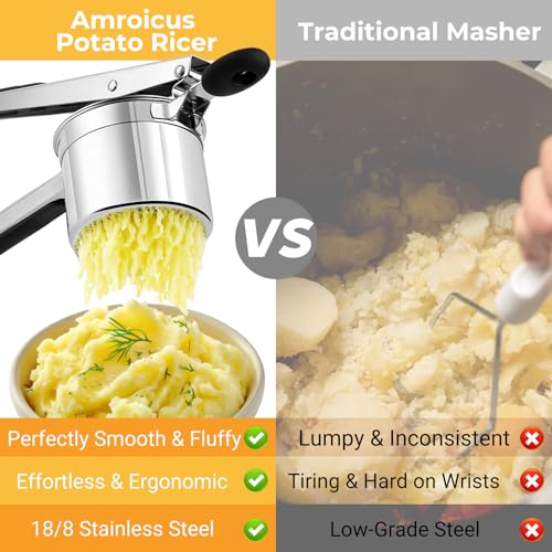 Potato Ricer Stainless Steel, Large Potato Masher 15oz, Heavy Duty Ricer Kitchen Tool for Perfect Mashed Potatoes, Potato Press and Mash Kitchen Gadget, Spaetzle Maker for Noodle by Amroicus - Image 2