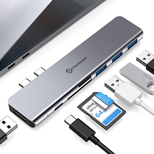 Adaptador Macbook Pro, Adaptador USB C multipuerto, Aluminio Thunderbolt 3 tipo C Dongle MacBook Pro Accesorios con 3 puertos USB 3.0, lector de tarjetas TF SD, USB-C PD Compatible para MacBook Pro