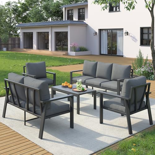 Image of UDPATIO Aluminum Outdoor Patio Furniture Set 5 Pieces Metal Conversation Sets 7 Seat Sectional Sofa Modern Seating Set with Coffee Table for Outdoor Garden Backyard, Dark Grey