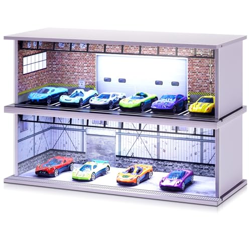 Tujoe 2 Pcs Hot Diecast Wheels Garage Display Case with LED Light and Acrylic Cover 1/64 Scale Diecast Toy Cars Storage Case Holds Max 12 Cars for Model Toy Car Storage Collector(Red Bricks)