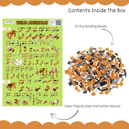 Image of Apex 3-in-1 Wild Animal Building Blocks Kit - Build Lion, Tiger or Emu with Block Set | Kids Construction Toy Building Blocks | Creative STEM Toy for Kids