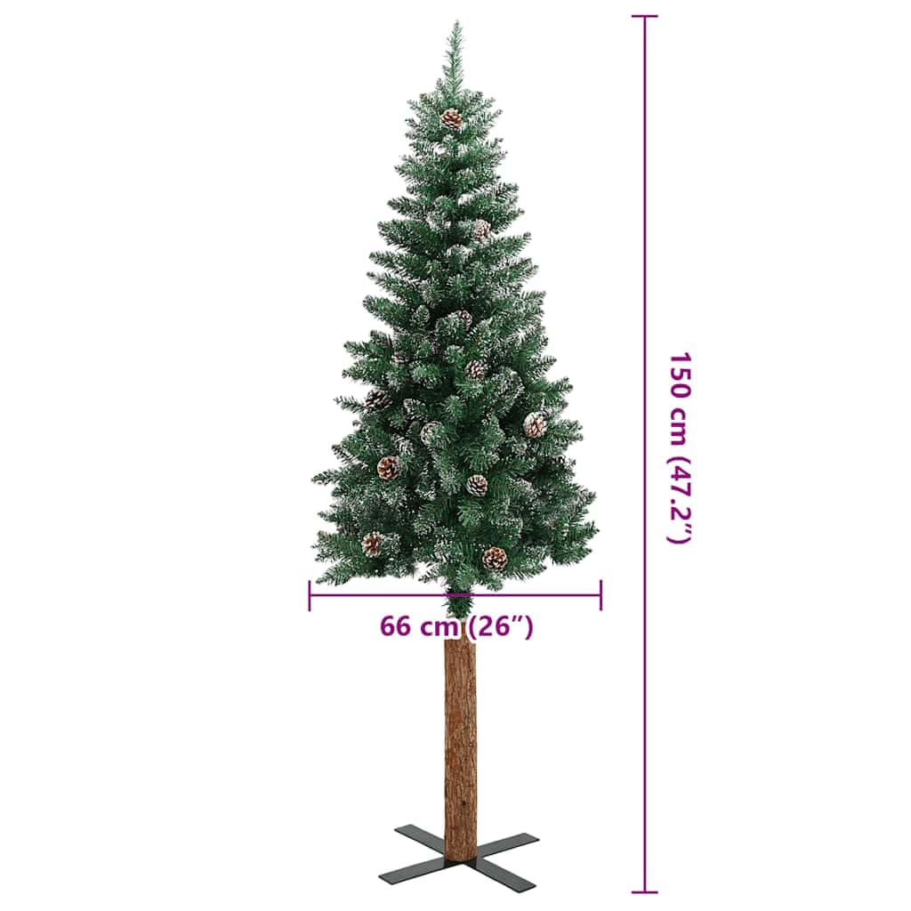 Smukła choinka ze stojakiem z prawdziwego drewna, śnieg i 291 gałązkami, 150 cm, zielone PCW, do świątecznych dekoracji wewnątrz i na zewnątrz, jako dekoracja zimowa