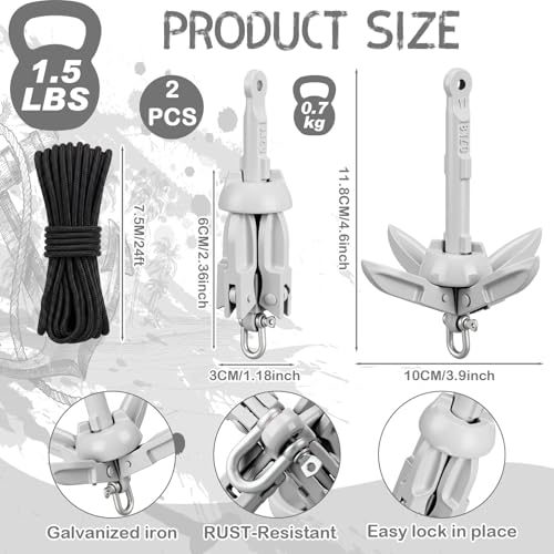 Image of Lounsweer 2 Pack 1.5 /3.5 lb Marine Kayak Anchor Kit Folding Grapnel Anchor Kit Boat Kayak Fishing Accessories for Small Boats Kayaks Canoe Paddle Boards
