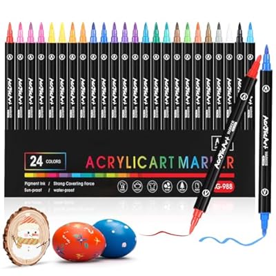 Diboniur 24 Colores Rotuladores Acrilicos Marcadores Acrílicos Lettering Doble Punta Punta Pincel y Media Acrylic Markers para Pintar Roca Cristal Cerámica Plastico Tela Metal