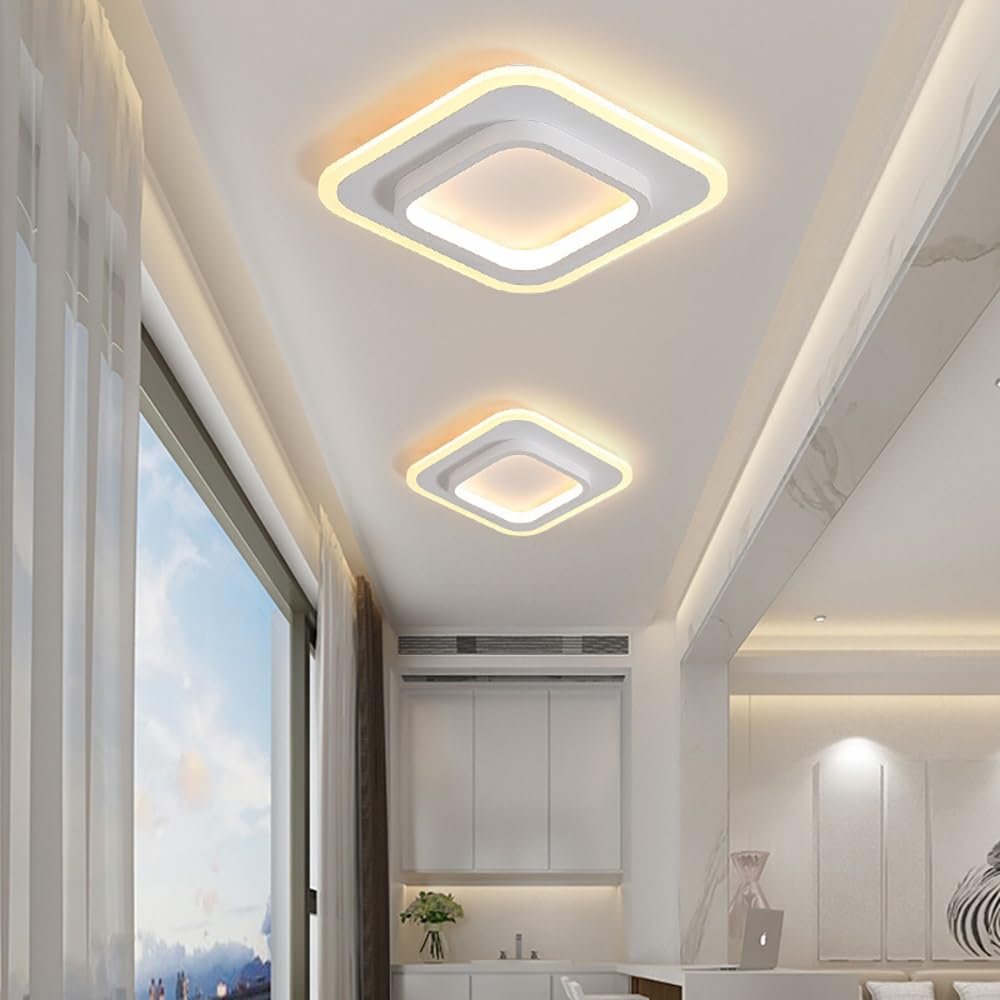 Nowoczesna Kwadratowa LED Lampy Sufitowa, Minimalistyczny Plafon Edge Lit Pierścień Oświetlenie Sufitowe CCT Regulowane Korytarz Wejście(White,24cm/9.44in)