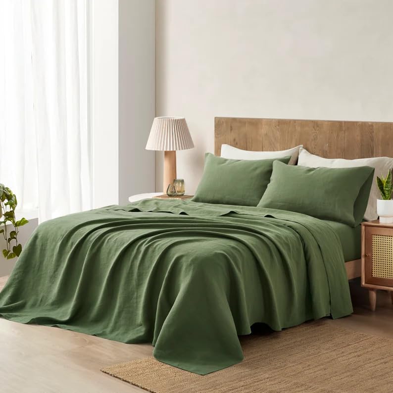 Gaytri Handicraft 100% Linen Sheet Set Queen King Size, Moss Green French Flex Solid Color Washed Breathable Bed Sheet, 3 Pcs Farmhouse Bedding 1 Flat Sheet, 2 Pillowcases (Twin 66x96)