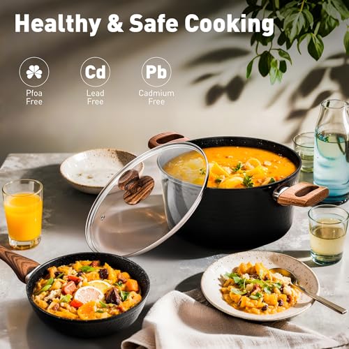 Kitchen Academy Induction Hob Pan Set with Lids Non Stick Pots and Pans Sets Black 15pcs Saucepan Set Granite Cookware Nonstick Frying Pan Cooking Pot Pancake Pan Sets Non Toxic for All Hobs - Image 8
