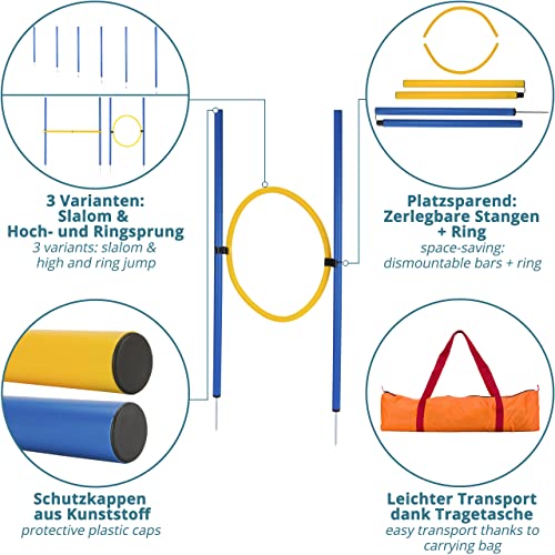 valuents Slalom Stangen mit 2 Hürde + 1 Ring - blau/gelb - Slalomstangen/Hindernis/Sprungring – Agility Set für Hunde – Hundetraining Zubehör – Fußball Traininigsset - Plus: Frisbee
