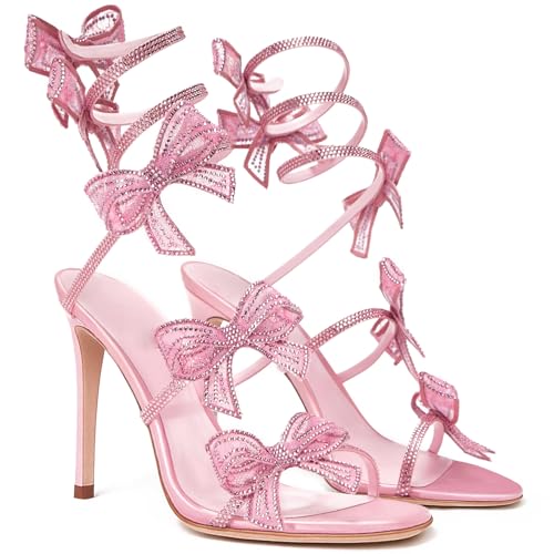 Yolkomo Women's Rhinestone Stiletto High Heel Sandals with Crystal Bow Sexy Wrap Around Sparkly Dressy Party Prom Wedding Heels