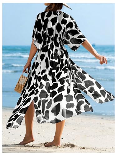 OYOANGLE Women's Bathing Suit Cover Ups Cow Print Belted Lightweight Kimono Cardigans Coverups Swimwear2