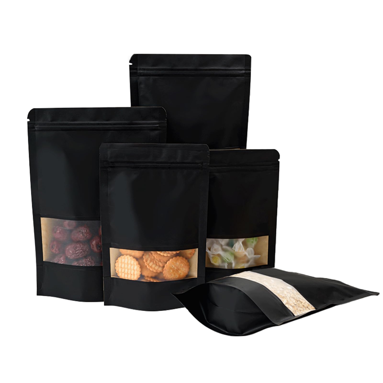 Roppolo 100 Pcs 16 x 24 Cm Stand Up Black Kraft Paper Bags with Matte Window, Resealable Zip Lock Food Storage Bags, Reusable & Heat Sealable for Packaging