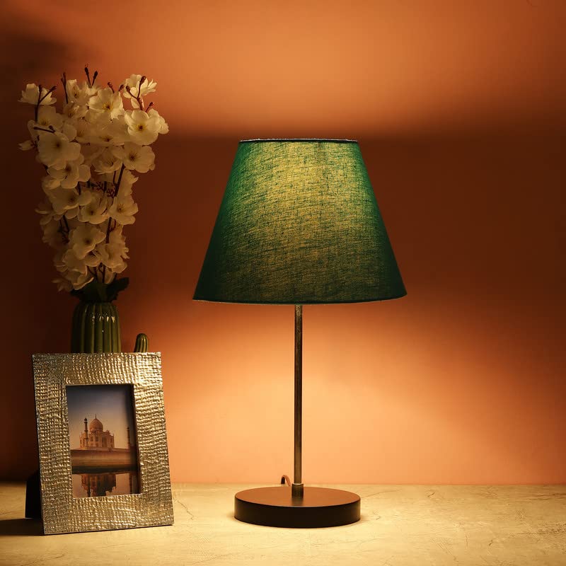 Image of Silver Table Lamp with Handmade Conical Teal Shade, Minimalist Design, for Couple Dinner /Coffee Table /Restaurant /Bedroom, On /Off Switch Long Wire