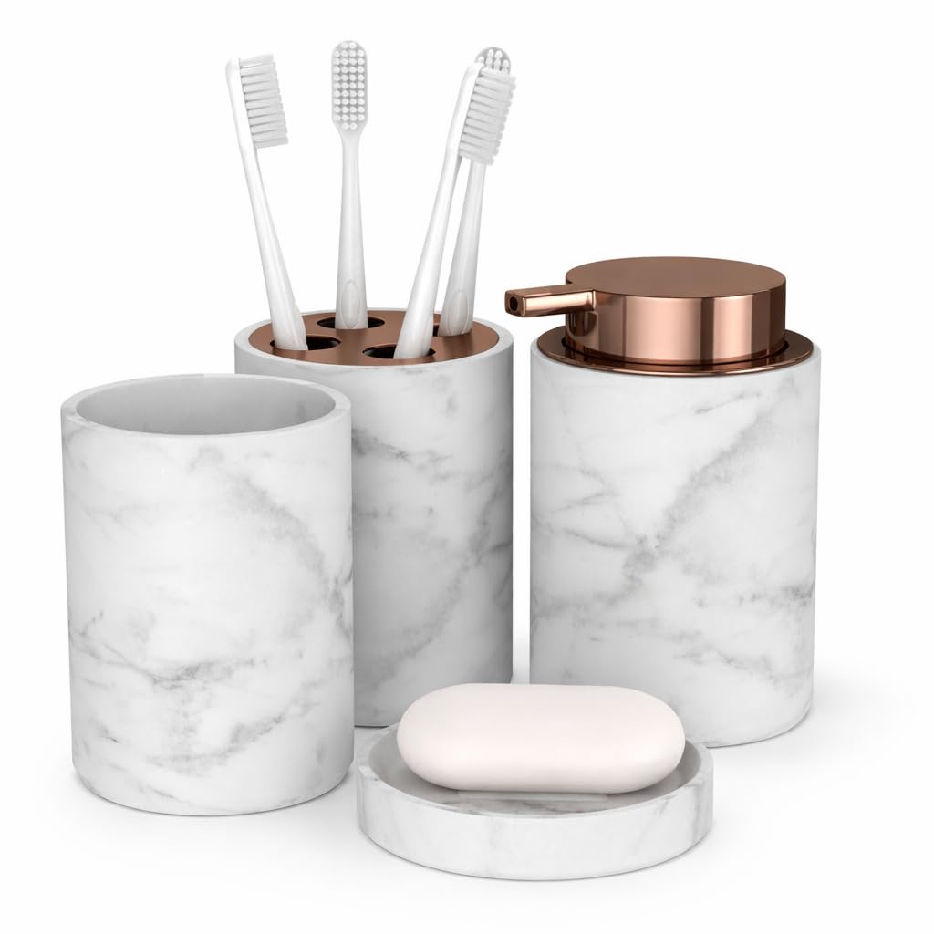 Badezimmer Set 4 TLG Marmor – Badaccessoires Set mit Seifenspender, Zahnputzbecher & Zahnbürstenhalter – Badezimmer Zubehör Organizer modern weiß Copper – Bad Deko bonVIVO