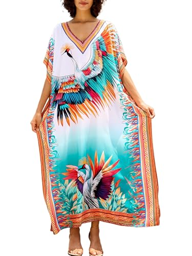 Chunoy Vestido caftán casual con cuello en V para mujer, manga kimono, abertura lateral, salida de playa, vestido caftán, Pájaro grúa, Talla única