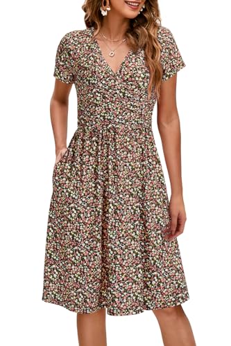 Image of OUGES Maternity Nursing Dress Breastfeeding Short Sleeve V Neck Casual Pregnancy Clothes with Pockets