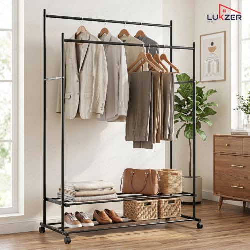 Image of Lukzer Double Rod Metal Garment Stand with Wheels & 2-Tier Storage Organiser Shelves, Portable Clothes Rack and Coat Hanger With Shoe Rack for Bedroom, Entryway & Boutique (Black /109 x 48 x 158 cm)