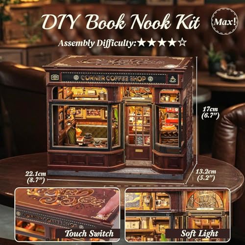 Image of Corner Coffee Shop Book Nook Kit with LED Light, DIY Miniature Cafe Bookshelf Decor, 3D Wooden Puzzle House for Adults, Teens & Gifts (294 Pieces)