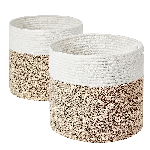 YOUDENOVA Korb Geflochten 2er Pack aus Baumwolle, Spielzeug Aufbewahrung für Kinderzimmer, Aufbewahrungskorb, Übertopf Korb für Wohnzimmer, Schlafzimmer 28(D) x28(H) cm, Weiß/Braun