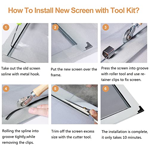 Screen Repair Kit, Screen Tool With Rolling Tool, Screen Spline(32 Ft), Screen Installer Clips(8 Pcs), Spline Removal Hook, Screen Repair Tool For Installing Door Screen Window #TOP7