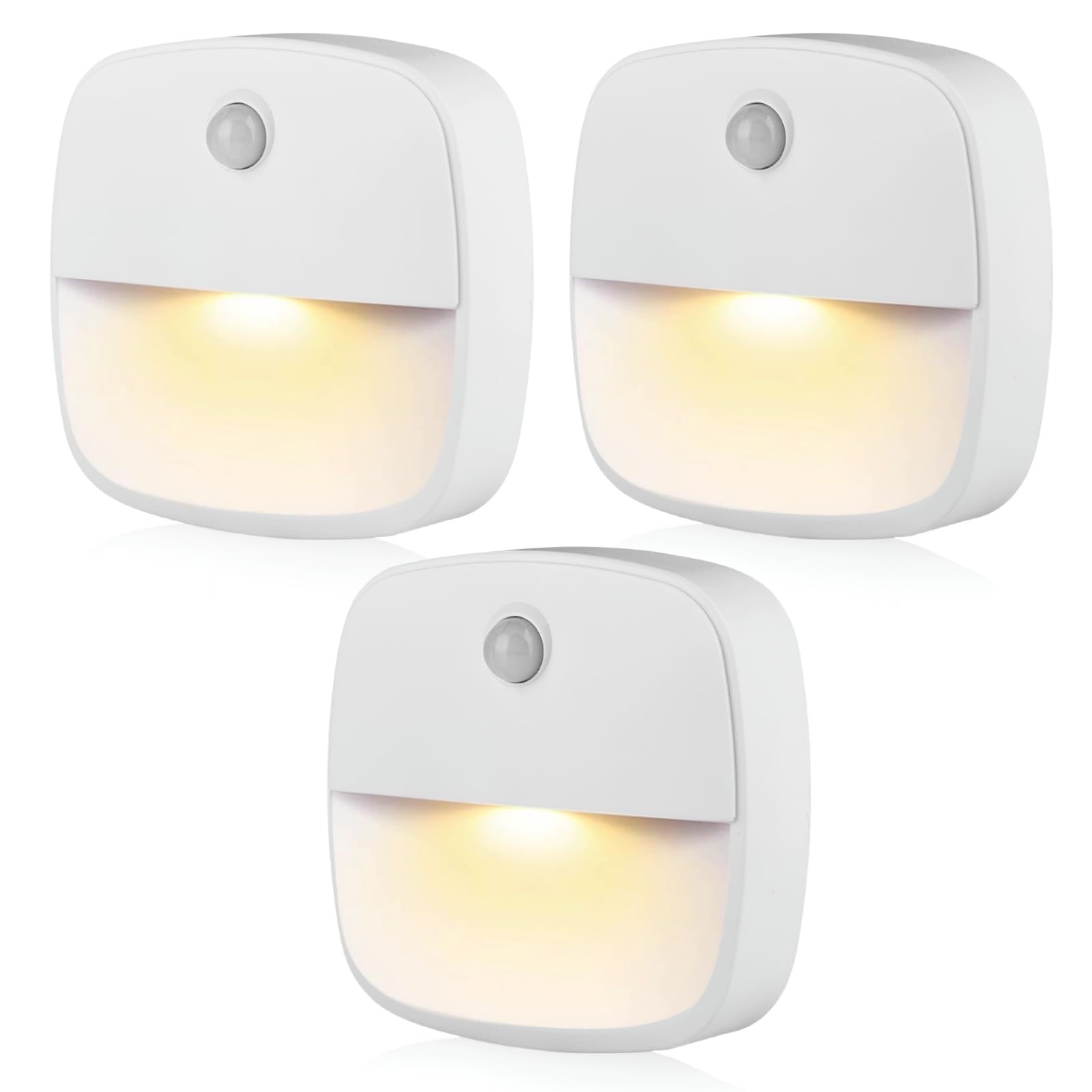 GEU 3 Pack Motion Sensor Night Light Stair Lights Motion Sensor Indoor Stick On Night Lights Warm White LED Movement Sensor Light for Walls Bedroom Cupboard Bathroom Kitchen Hallway, Battery Operated