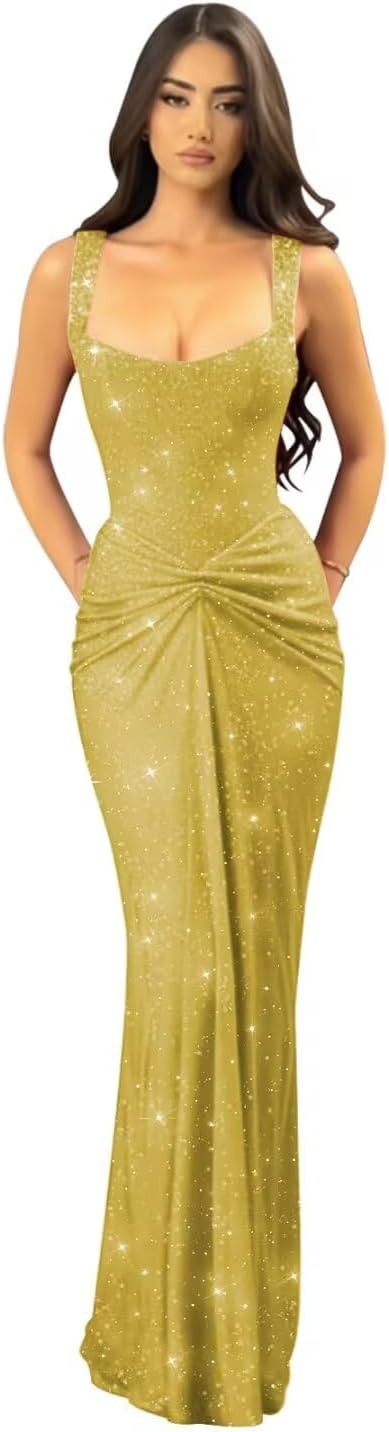 Sparkly Sequin Mermaid Prom Dresses for Women 2026 Long Square Neck Ruched Formal Evening Dress