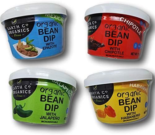 Earth Co Organics - Organic Pinto Bean Dip Combo 4 PACK (11oz each). Habanero, Chipotle, Jalapeno & Mexican Secret. Mexican Dips. Healthy and Vegan Dip For Chips. BPA FREE and Microwavable Packaging.